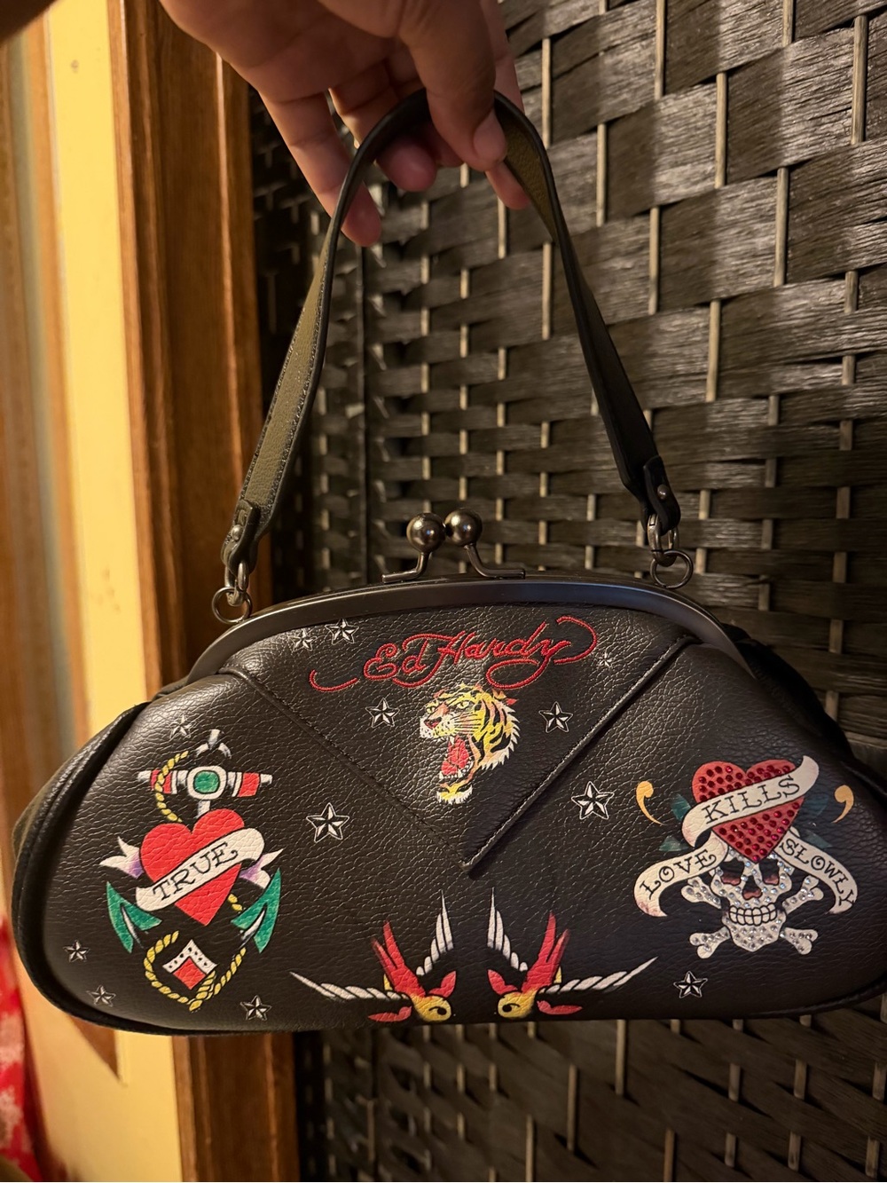 Ed Hardy Black Shoulder Bag with Colorful Tattoo Motifs